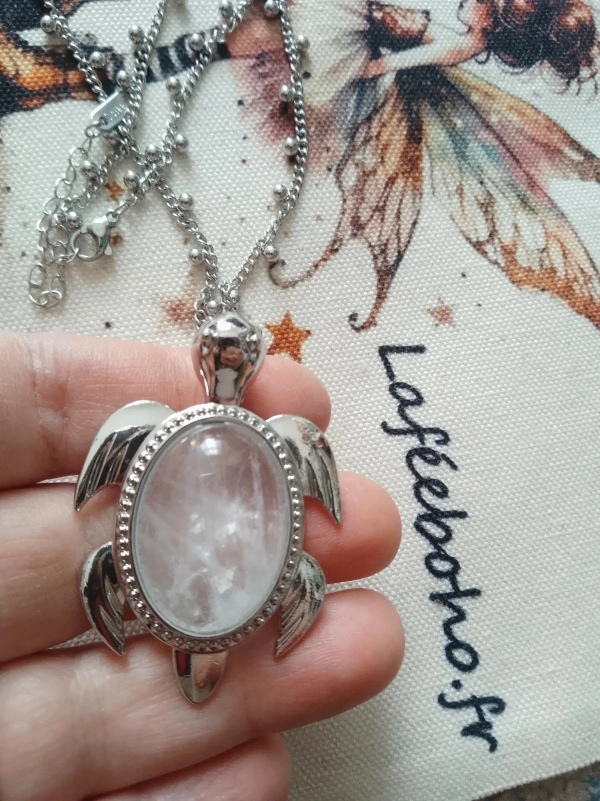 Quartz crystal and silver-tone stainless steel turtle necklace – photo 2